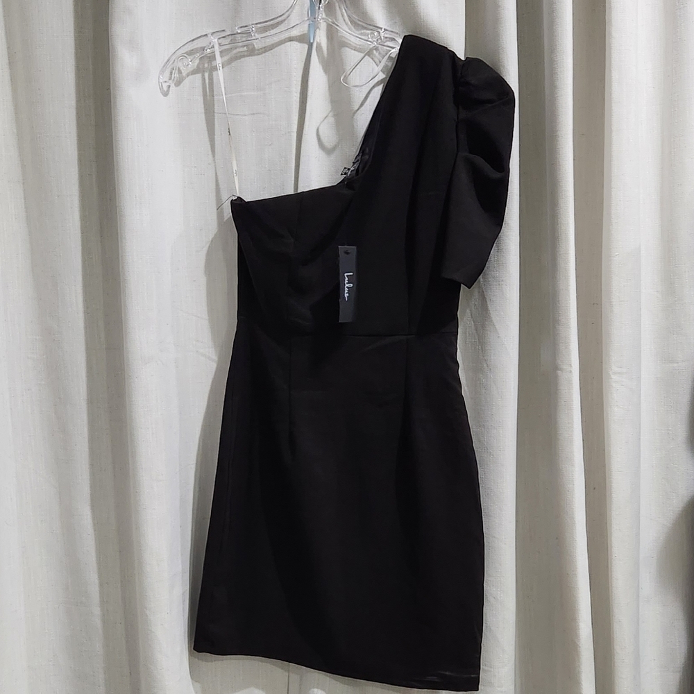 NWT LULUS Stay Gorgeous Black One-Shoulder Puff Sleeve Mini Dress M - Picture 5 of 6